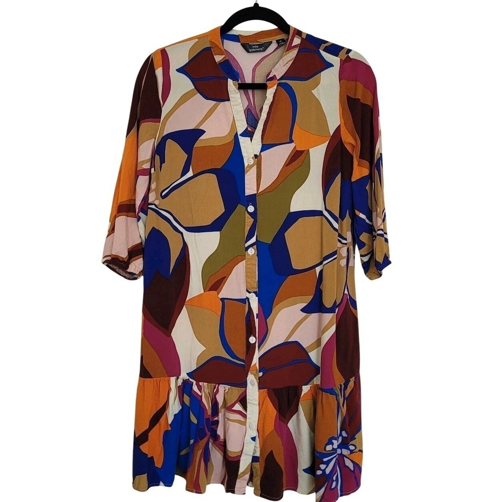 Mlle Gabrielle M vibrant Floral Shirt Dress Ruffle Hem Button Rayon
